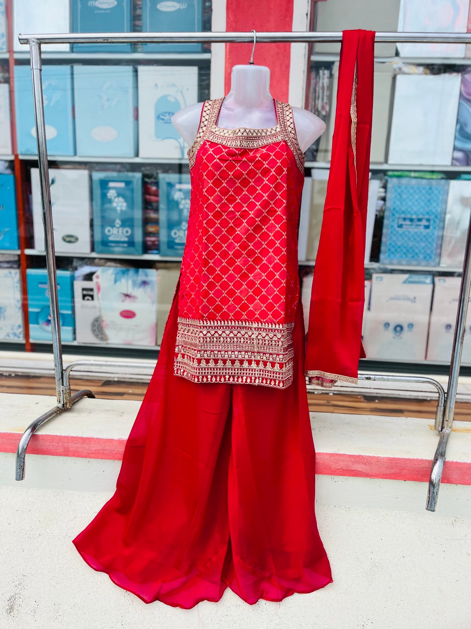 79FB1898-F1AB-446F-83FB-3F7945FC6A5C Dark Pink Chinon Top with Sequins Embroidery and Sharara Suit Set - Image 2