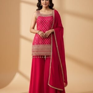 Dark Pink Chinon Top with Sequins Embroidery and Sharara Suit Set