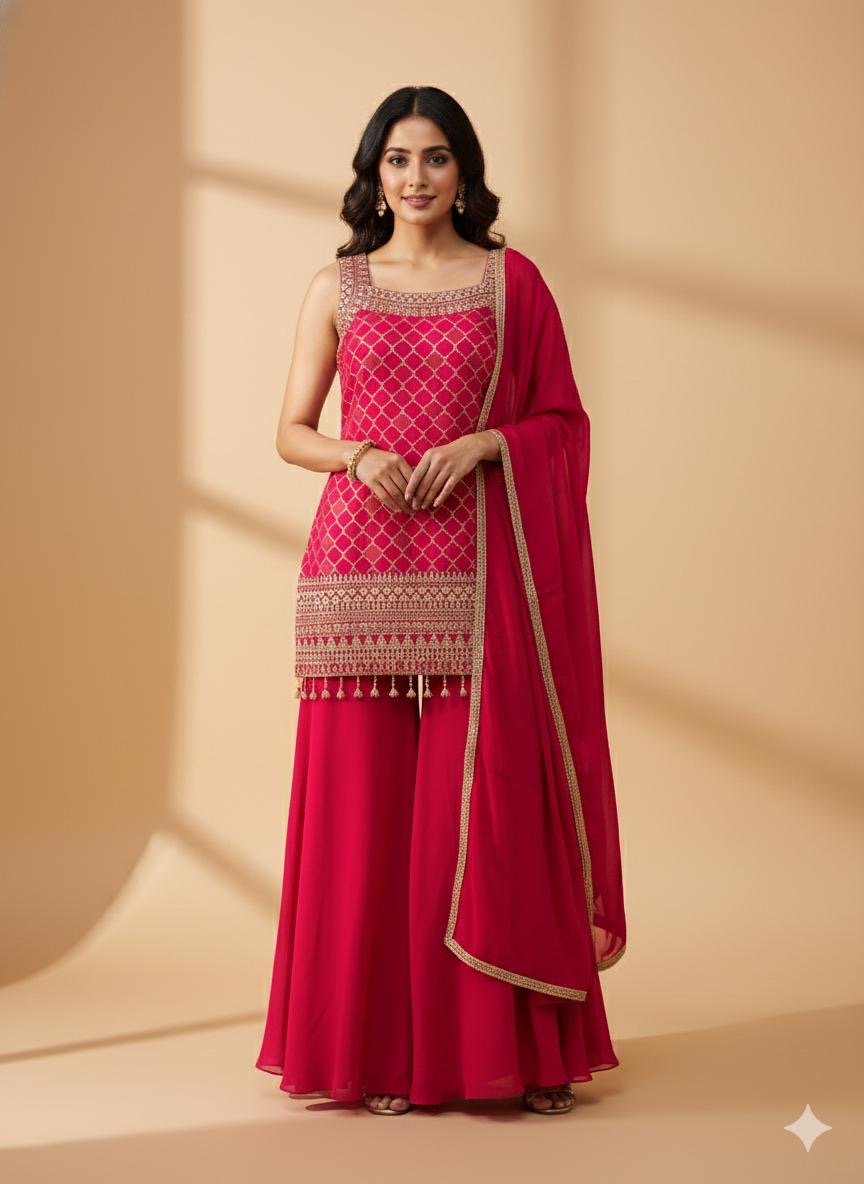 c7af6b60-fc00-42ab-b524-cdf342516653 Dark Pink Chinon Top with Sequins Embroidery and Sharara Suit Set